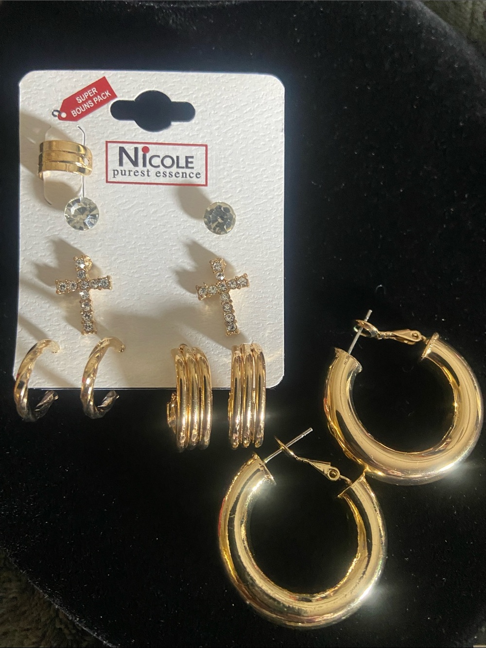 Nicole Gold Multi-Pair Earring Set with Rhinestone Cross Studs